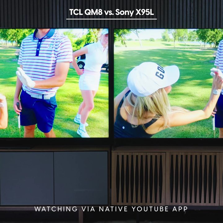Side by side comparison of an screengrab from the Good Good Golf channel on the native YouTube app on the Sony Bravia X95L vs TCL QM8.