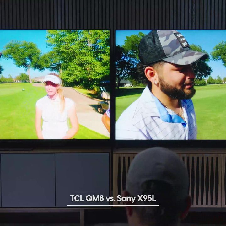 Side by side comparison of a man being interviewed on a golf course with woman in the background on a Sony Bravia X95L vs TCL QM8.