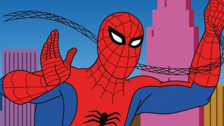 Spider-Man swinging and waving at the camera in the 1967 show Spider-Man.