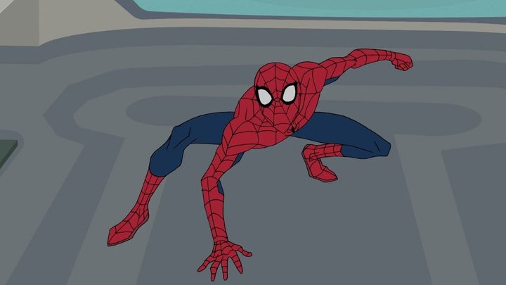 Spider-Man in his signature position in the show Spider-Man.
