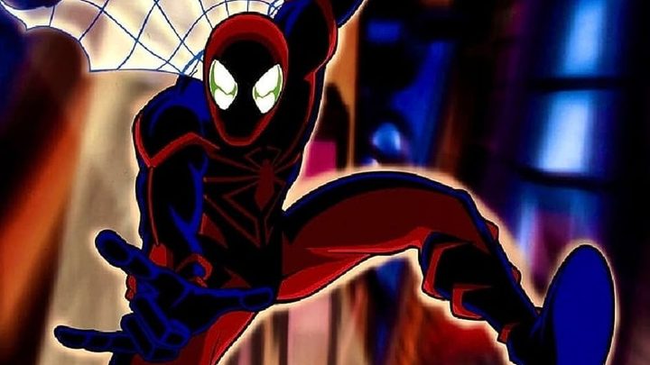Spider-Man swinging in a dark city in the show Spider-Man Unlimited.