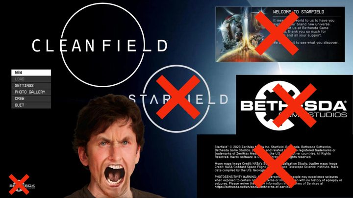Starfield main menu with all the annoying parts crossed out.