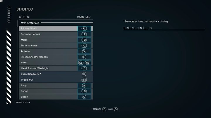 The button settings in Starfield with ps5 buttons.