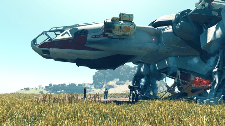 A ship lands on a planet in Starfield.