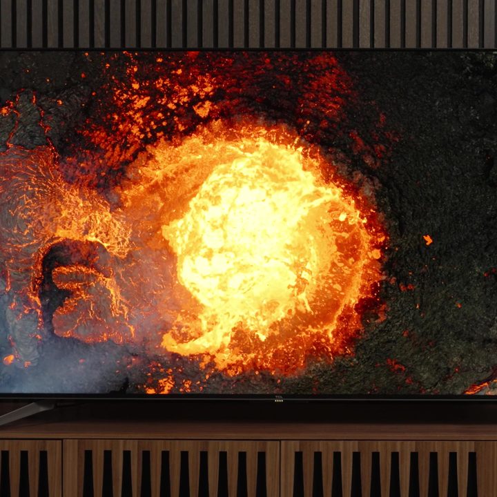 A scene of molten lava displayed on a TCL Q7 TV.
