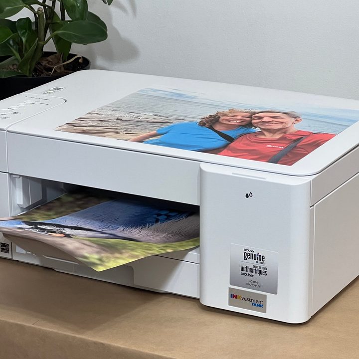The Brother MFC-J1205W's off-white color looks nice in a home office.