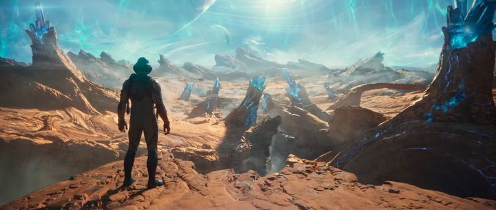A spaceman overlooks an alien planet.