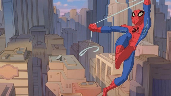 Spider-Man swinging through New York in the show The Spectacular Spider-Man.
