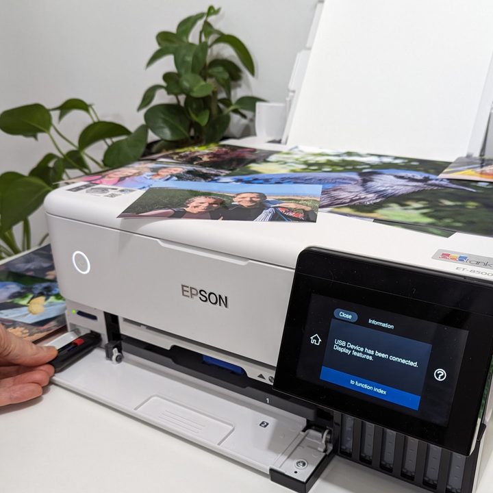 Walk-up printing is easy since the EcoTank ET-8500 supports SD cards and USB drives.
