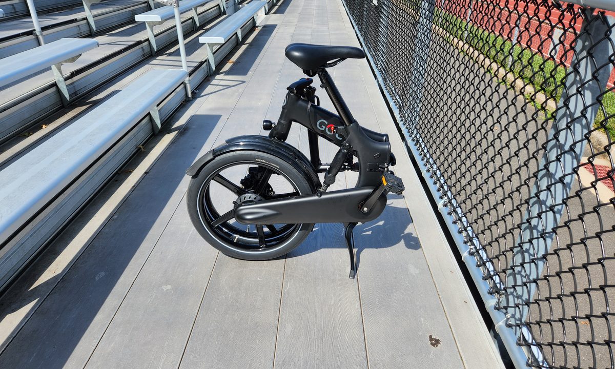 When it's folded the GoCycle G4 e-bike can rest on the center stand - the pedals also fold in.
