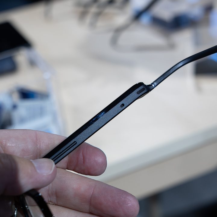 A close-up shot of the arm of the the Amazon Echo Frames on display at the 2023 Amazon fall devices event.