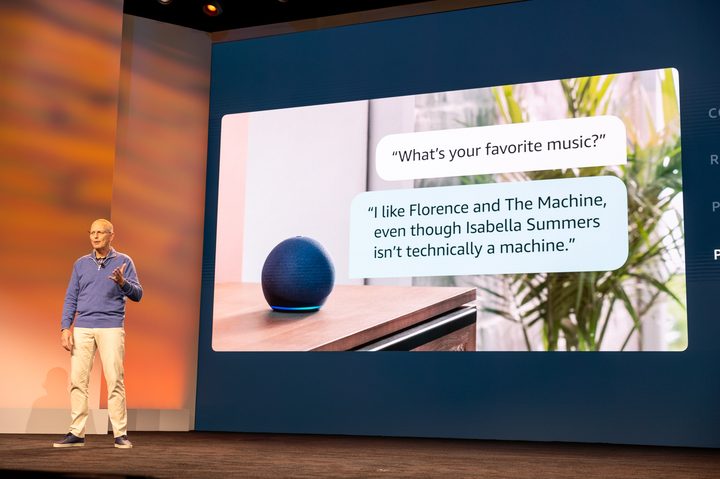 Amazon SVP of Devices and Services Dave Limp demonstrates the Let's Chat feature of Alexa, powered by AI.