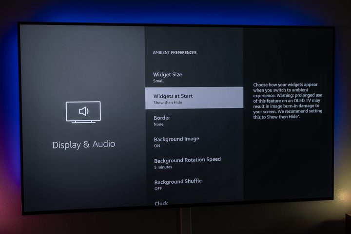 A warning about OLED burn-in on the Amazon Fire TV Ambient Experience settings.
