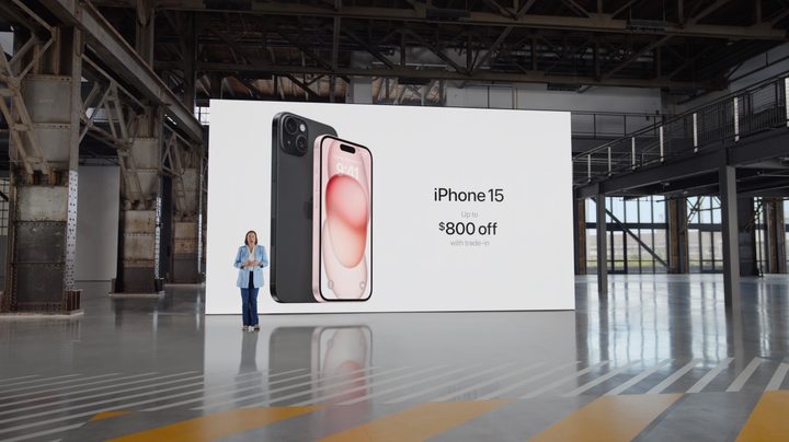 Apple talking about the iPhone 15 price at its September 2023 event.