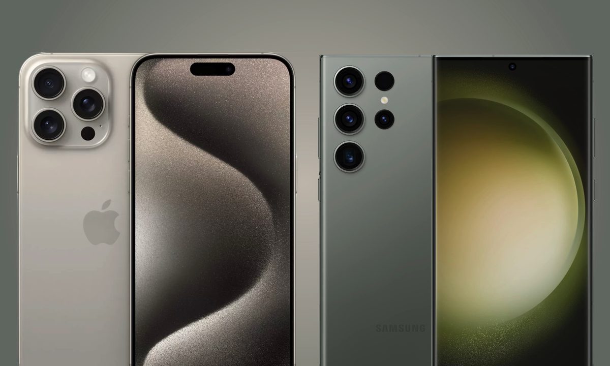 Renders of the iPhone 15 Pro Max next to the Samsung Galaxy S23 Ultra.