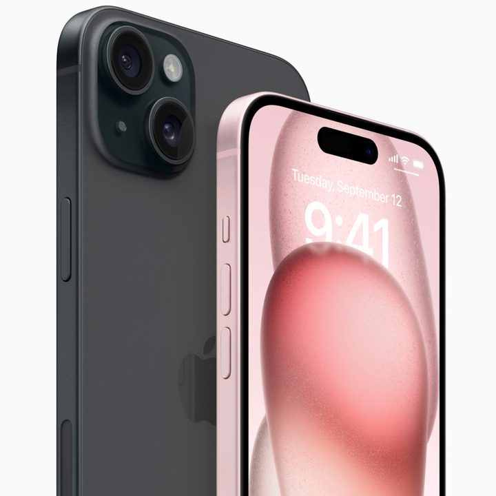 The iPhone 15 in black and pink colors.