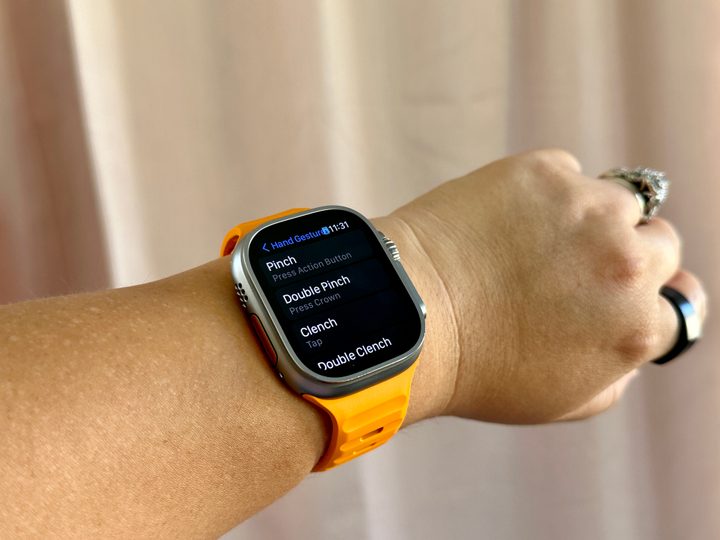 An Apple Watch Ultra showing off the AssistiveTouch Hand Gestures screen.