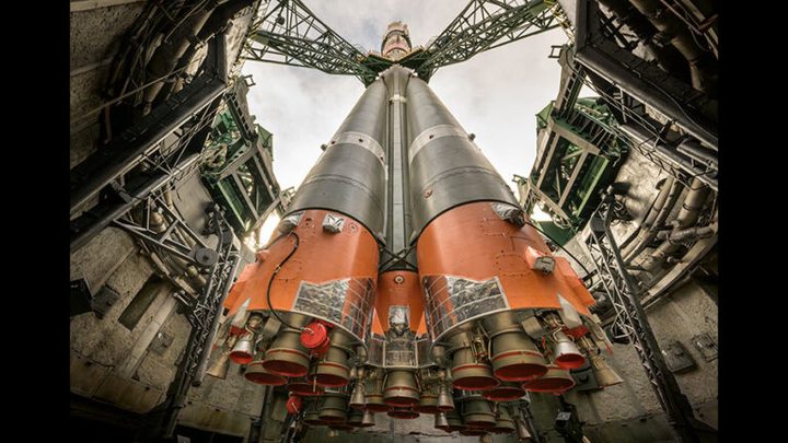 This bottom up view shows the Soyuz MS-24 rocket’s first stage boosters as the spacecraft stands at its launch pad at the Baikonur Cosmodrome in Kazakhstan.