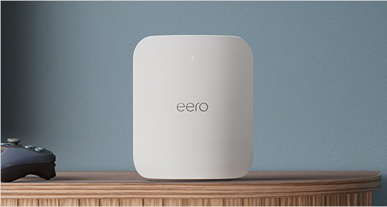 Amazon's Eero Max 7 sitting on a shelf.