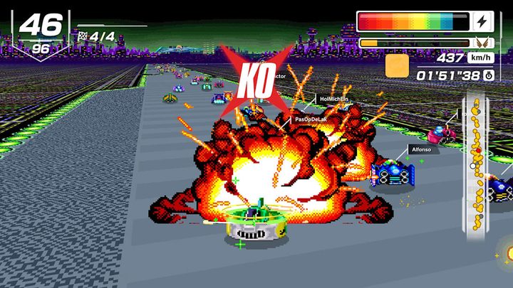 A car explodes in F-Zero 99.