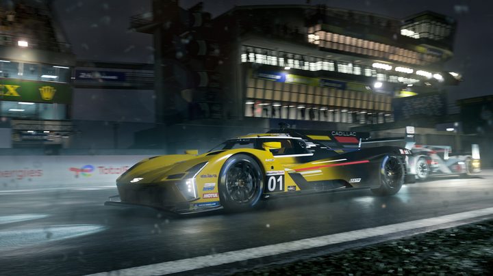 A Cadillac shoots down a road in Forza Motorsport.