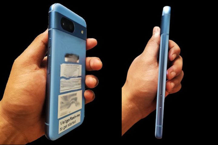 Leaked photos of a blue Google Pixel 8a.