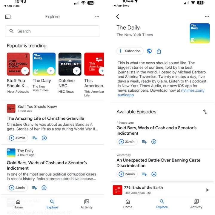 Two screenshots showing the Google Podcasts app on iOS.