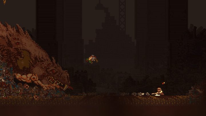 The main character of Gunbrella faces off with a dinosaur boss.