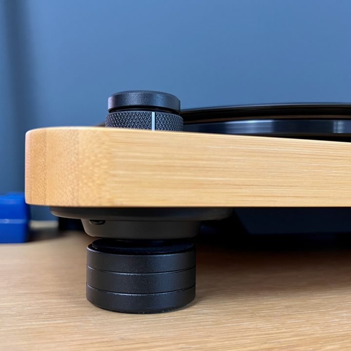 A side view of the House of Marley Stir It Up Lux Bluetooth turntable.