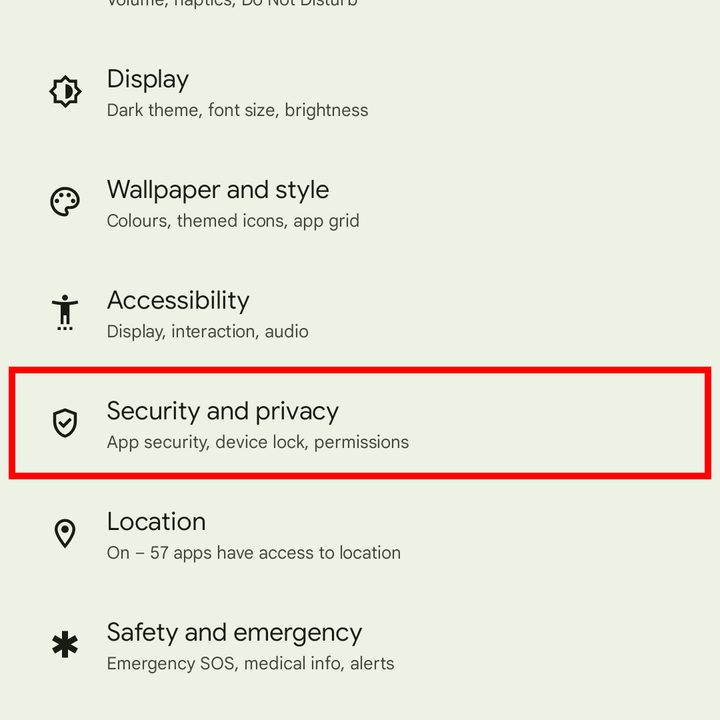 Finding Security & Privacy in the Settings app.