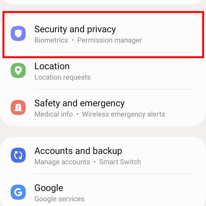 Finding Security and Privacy in Settings on Samsung.