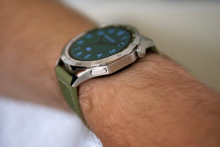 The side of the Huawei Watch GT 4 on a person's wrist.