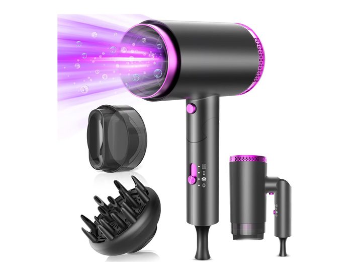 Multiple depictions of the iFanze Professional Ionic Hair Blow Dryer Advanced Version and attachments.