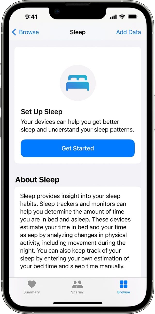 In the Health app on iOS, select Browse then search for Sleep. Then select Get Started to set up sleep tracking with Apple Watch.