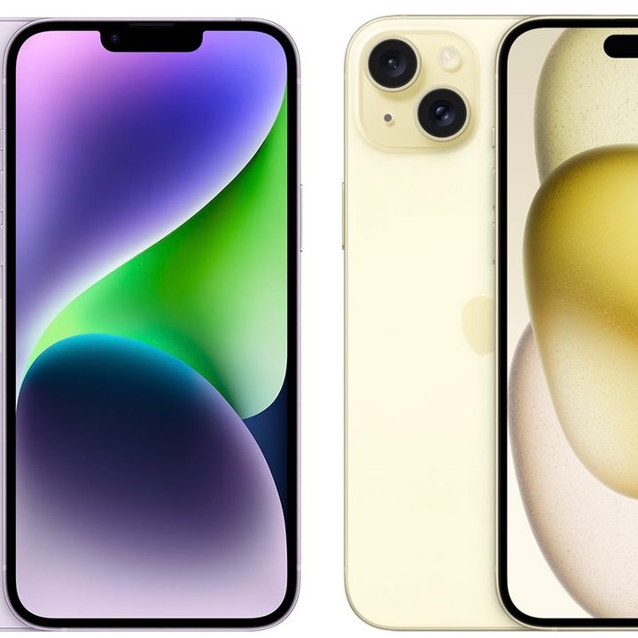 Side by side comparison of the iPhone 14 Plus vs. iPhone 15 Plus.