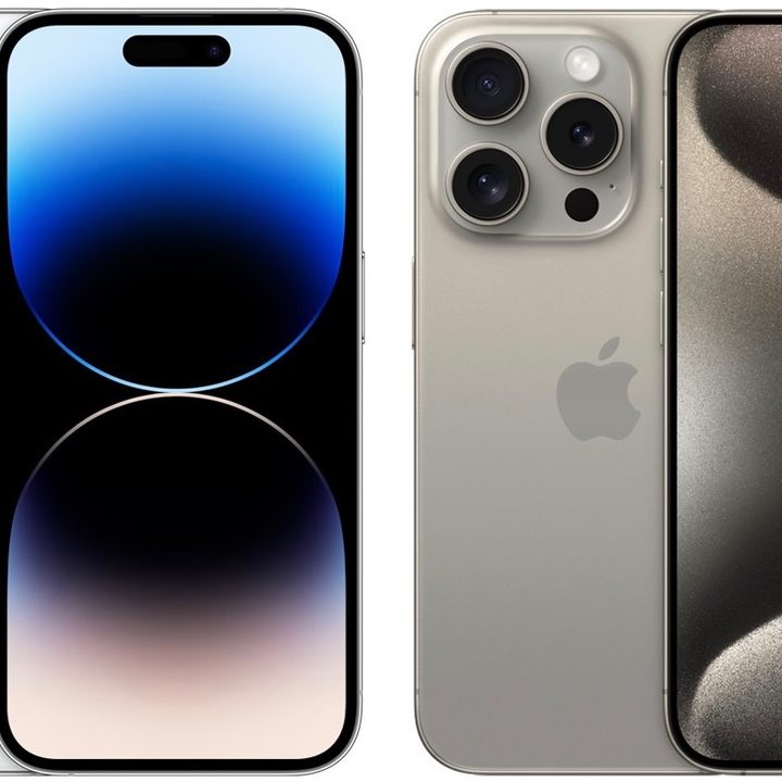 Side by side comparison of the iPhone 14 Pro vs. iPhone 15 Pro.