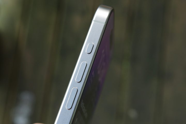 Close-up view of the Action button on the iPhone 15 Pro Max.