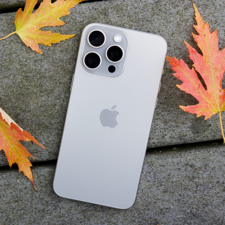 iPhone 15 Pro Max lying on the ground surrounded by leaves.