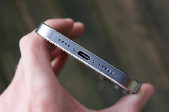 The USB-C port on the iPhone 15 Pro Max.