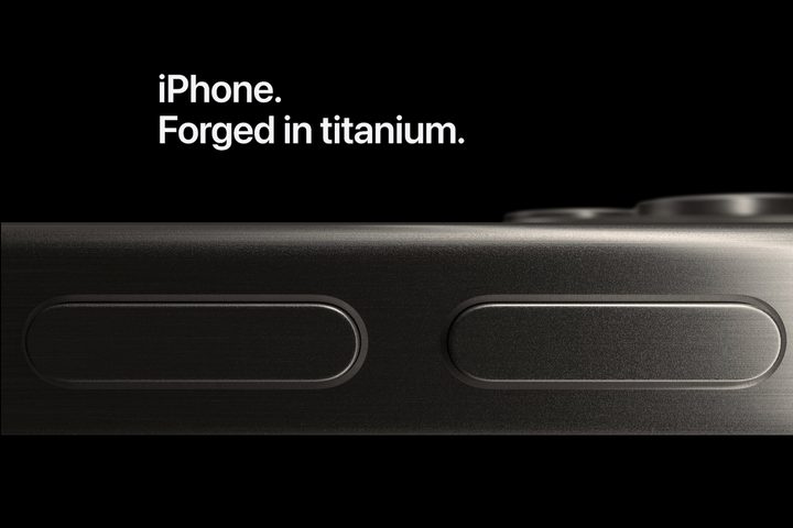 Apple promotional image of the titanium iPhone 15 Pro.