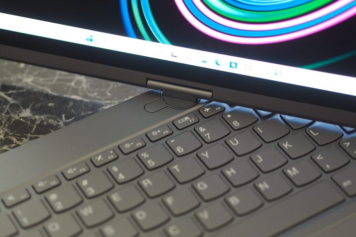 Lenovo ThinkBook Plus Gen 4 top down view showing hinge.