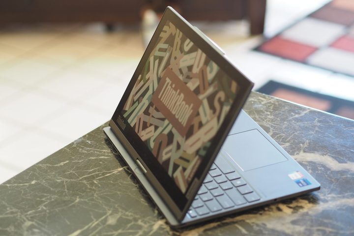Lenovo ThinkBook Plus Gen 4 rear view showing e-ink display on lid.