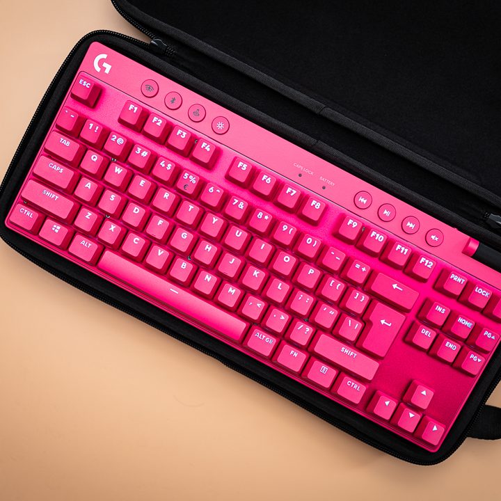 Logitech Pro X TKL gaming keyboard in its case.