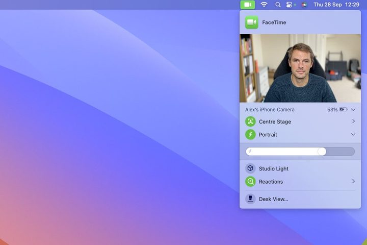 Continuity Camera in macOS Sonoma, showing the Portrait mode slider in the menu bar app.