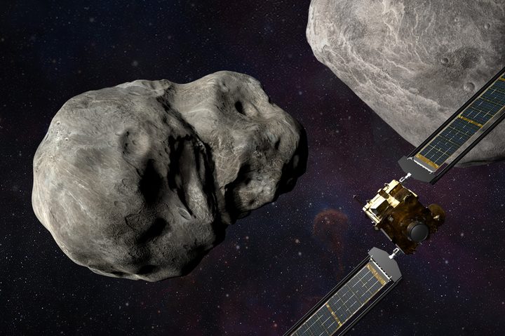 An illustration shows a spacecraft from NASA's DART mission approaching the asteroid it was intended to redirect.