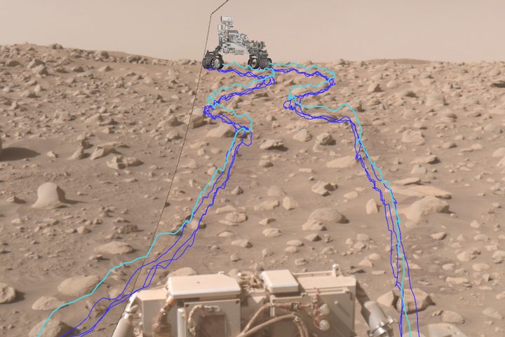 A composite image showing Perseverance&rsquo;s path through a dense section of boulders.