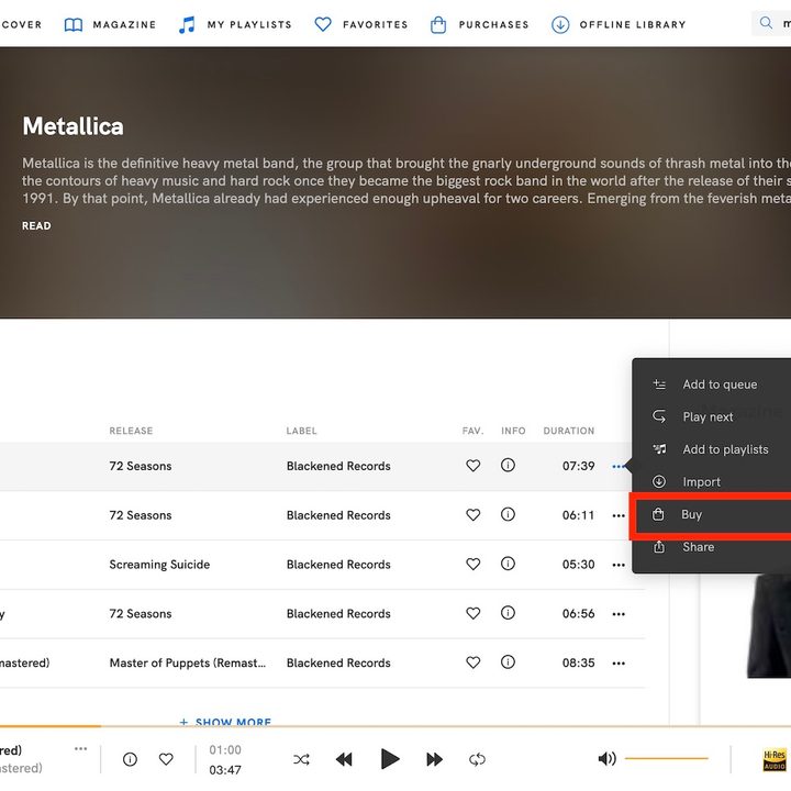 The Buy option highlighted in the Qobuz desktop app.