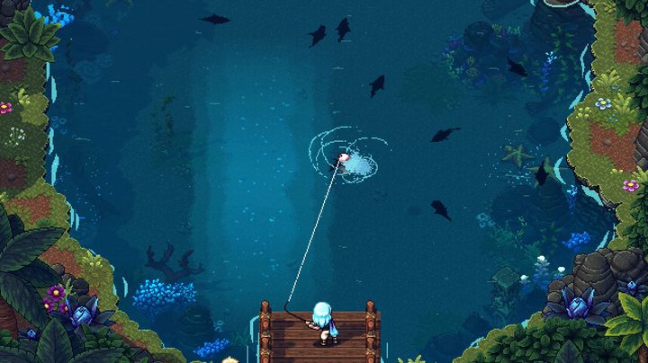 Valere fishing in Sea of Stars blue circle lake