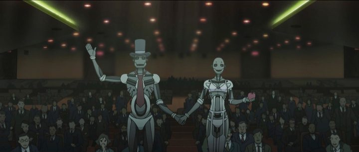Humanoid representatives of the Machines visit the United Nations in peace in The Animatrix: The Second Renaissance.