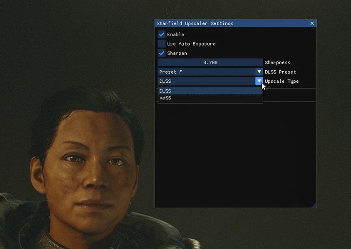 A menu showing new upscaling options in starfield.